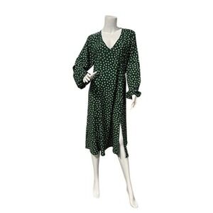 Green Floral V-Neck Midi Dress Long Sleeve Side Slit Casual A-Line Women Small